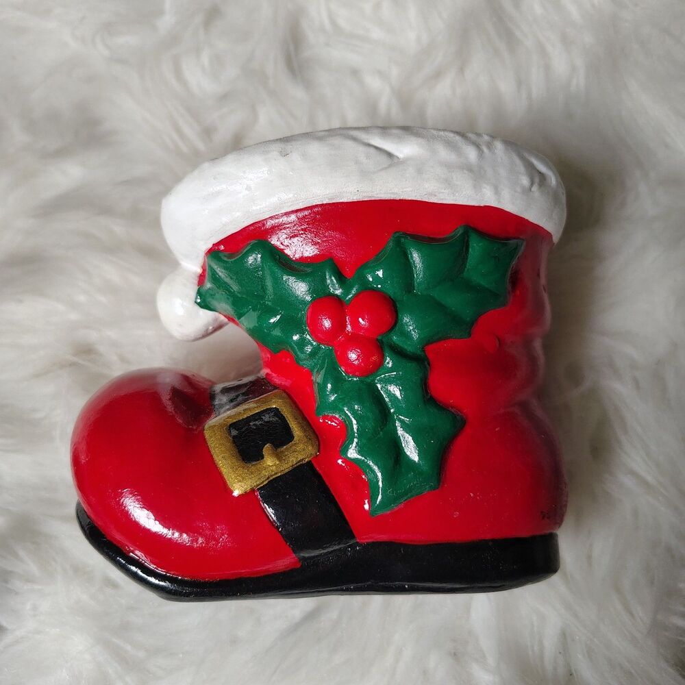 Kitschy VTG Santa Ceramic Planter/Candy Dish Boot W Belt Green Holly&Berries